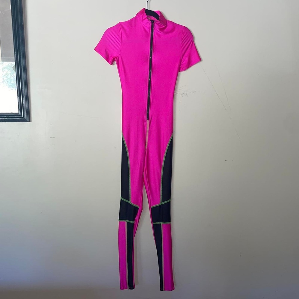 Hot pink tight jumpsuit front